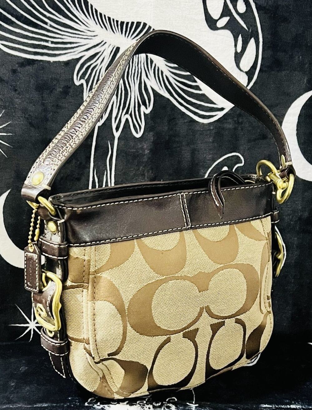 Coach 41856 Zoe Mini Signature Khaki Brown Canvas Leather Shoulder Bag